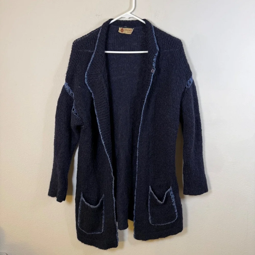 Antonella Tricot Vintage Mohair Wool Cardigan Navy Blue Crochet Trim Made Italy